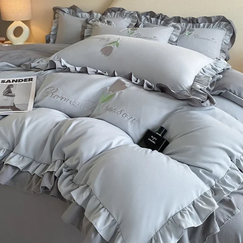 Elegance French Style Bedding Set Duvet Cover Set High Quality  2024 New Lace Princess Embroidery Double Layer Edge King Queen