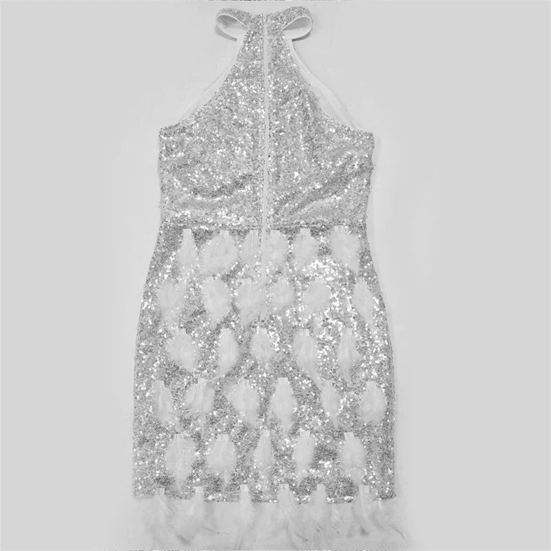 Sexy Glitter Sequins Birthday Dress Women Nightclub Party Halter Backless Feathers Sleeveless Prom Cocktail Short Dresses Robe