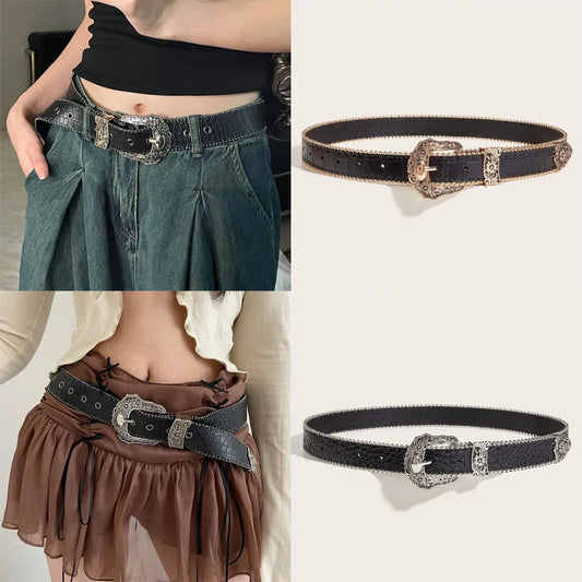 Western PU Leather Belt Western Cowboy Women Cowgirl Unisex Waist Belt with Metal Engraved Buckle