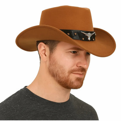 Chapeau de Cowboy occidental de Style ethnique Cool, chapeau de Jazz à large bord en rouleau, tête de vache, chapeau de chevalier de couleur unie, Protection solaire