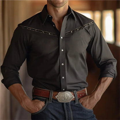Western Cowboy Flower Printed Long Sleeve Shirt for Spring and Summer Comfortable Soft Fabric Party Men's Collar Shirt