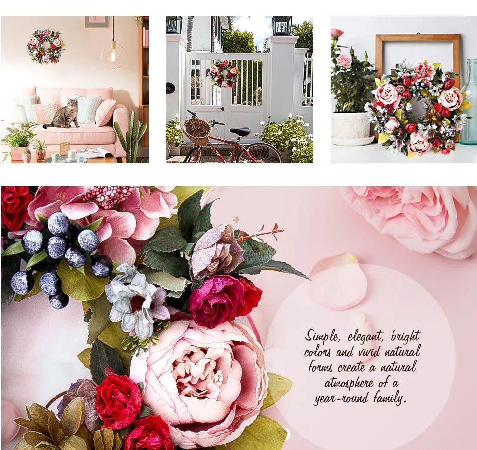 Artificial Retro Peony Flower Wreath 35CM Candlestick Wreath Christmas Halloween Decorative Flower Wedding Home Decor
