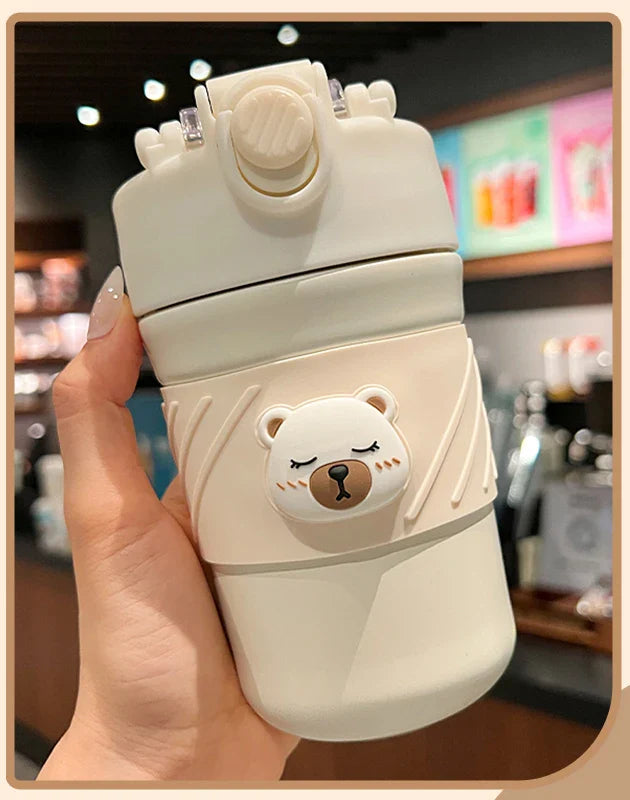 450ML Mignonne Tasse à Café Thermos Double Boisson Ours avec Paille Gobelet Portable en Acier Inoxydable Bouteille Isotherme pour Enfants Filles