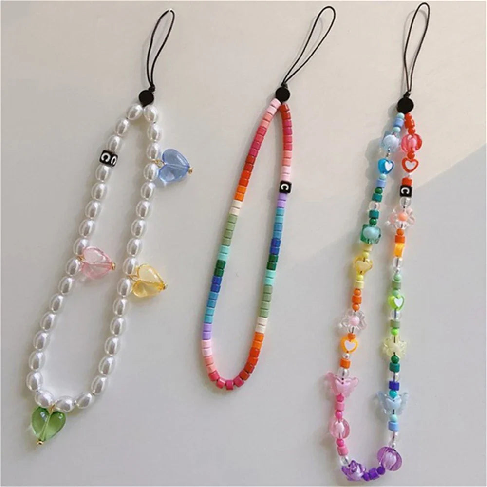 Korean Cute Heart Beaded Phone Charm Strap Chain Lanyard Women Girl Jewelry Butterfly Phone Beads Pendant Decoration Wholesale