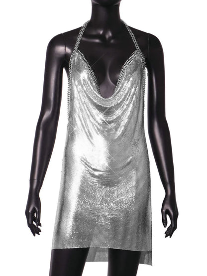 Sexy Hot Pink Glitter Sequin Party Dresses Bling Aluminum Chainmail Dress Backless Halter V Neck Side Slit Metal Party Outfit