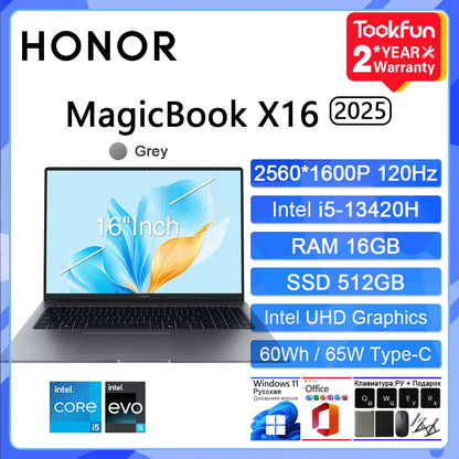 HONOR MagicBook X16 2025 Laptop Intel Core i5-13420H i7 RAM 16GB SSD 512G 1TB 16"Inch FHD Notebook Ultrabook Computer PC BRG-565