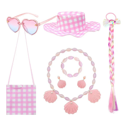 Costume de Cowgirl Robe de Fille Princesse Cosplay Costume Rose à Carreaux Tenue de Plage Anniversaire Halloween Fête Robe pour Enfants