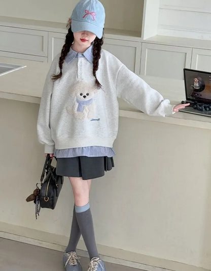 Sweat-shirt à capuche pour filles, Polo deux pièces en Faux, moyen-grand, coupe ample, haut de chiot de dessin animé, nouvelle collection printemps/automne 2025