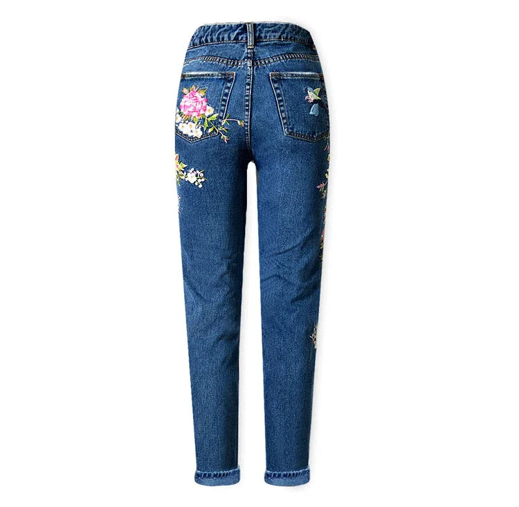 2023 Women Chic Floral Embroidered High Waist Jeans Straight Full Pants Fashion Streetwear Korean Style Cotton Denim Trousers