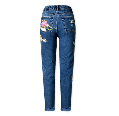 2023 Women Chic Floral Embroidered High Waist Jeans Straight Full Pants Fashion Streetwear Korean Style Cotton Denim Trousers