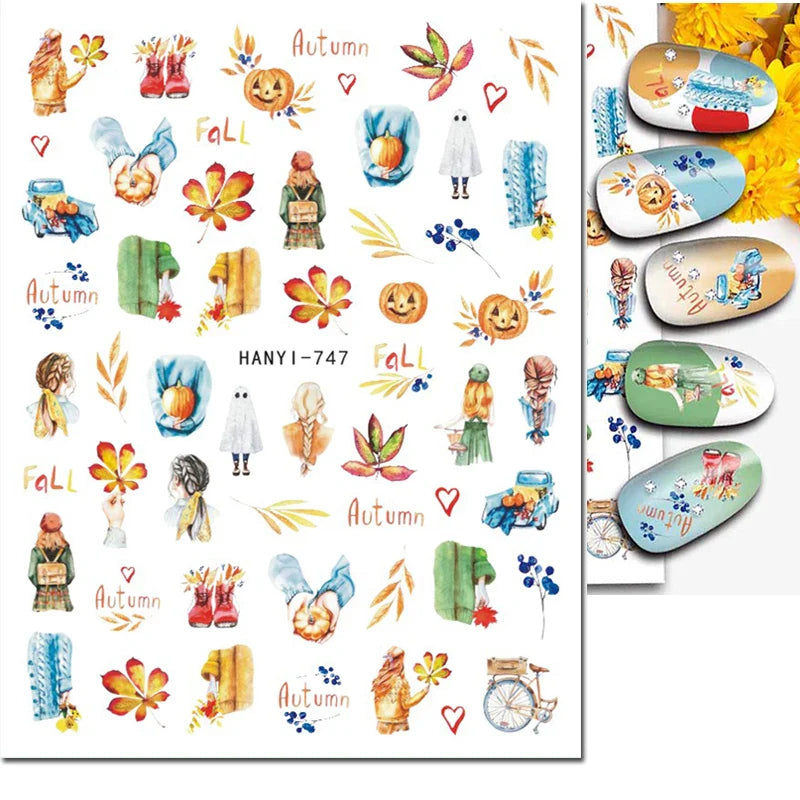 3d Nail Art Stickers Winter Autumn Golden Leaves Red Roses Flowers Decals For Nails Decoration Manicure Salon Beauty