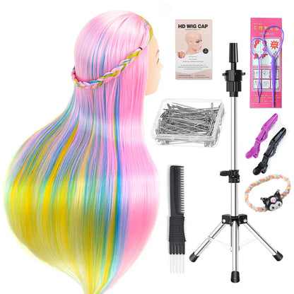 Tête de mannequin à cheveux longs synthétiques avec support de trépied de perruque réglable Modèle avec tête de mannequin Formation de coiffeur coiffant