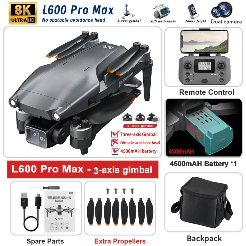 Nouveau Drone GPS L600 PRO MAX/PRO 5KM 4K professionnel HD double caméra 3 axes cardan 360 ° Jouet quadrirotor sans balais pour éviter les obstacles