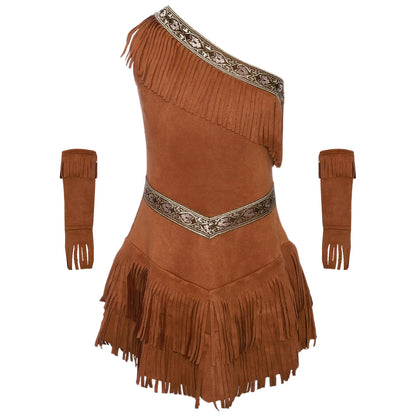 Vintage Western Cowgirl Cosplay Costume, Halloween Theme Party Outfits, Fringed Suede Dress with Fringed Sleeves