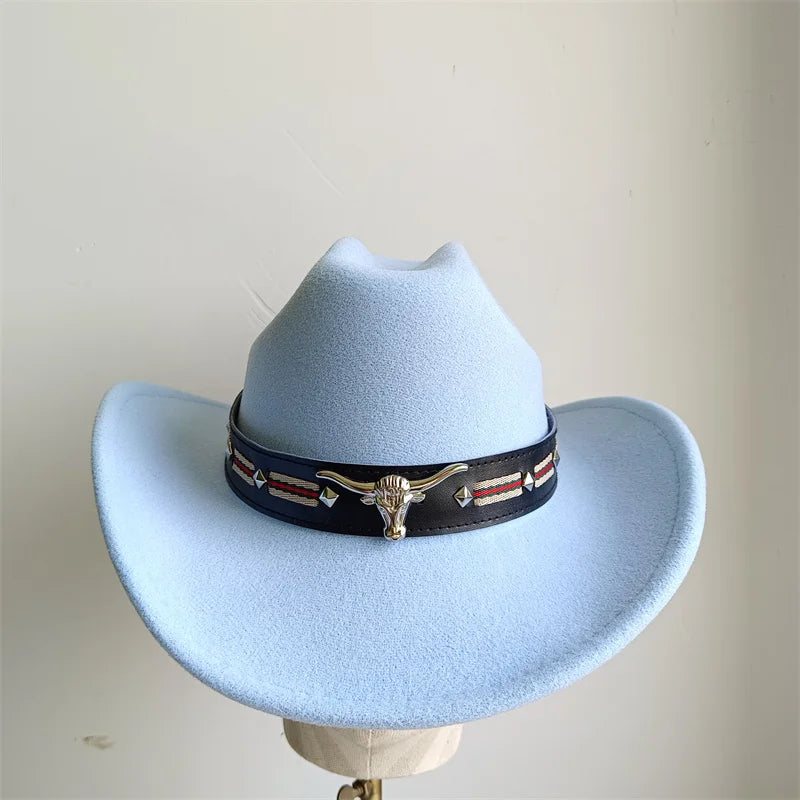 Ethnic Style Cowboy Hat Fashion Chic Unisex Solid Color Jazz Hat With Bull Shaped Decor Western Cowboy Hats