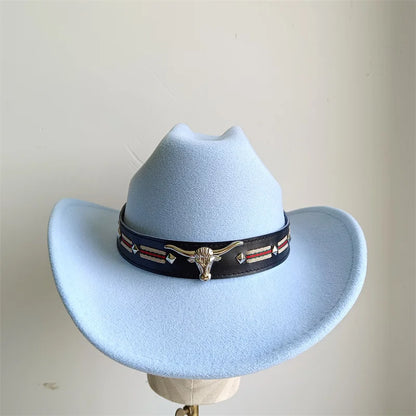 Ethnic Style Cowboy Hat Fashion Chic Unisex Solid Color Jazz Hat With Bull Shaped Decor Western Cowboy Hats