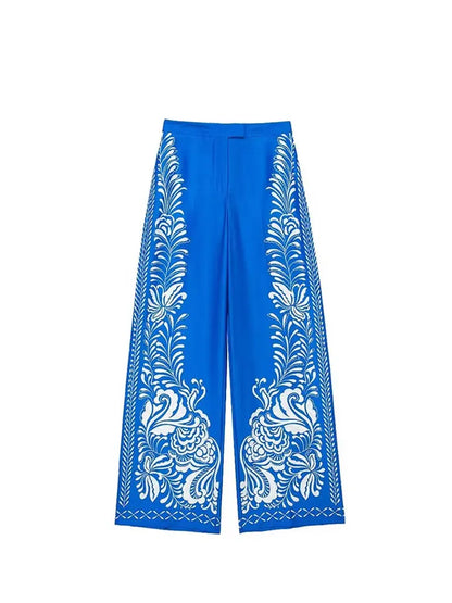 TRAFZA Woman Fashion Spring Wide Leg Pants Blue Print High Waist Pockets Button Zipper Trousers Female Bohemian Style Long Pants