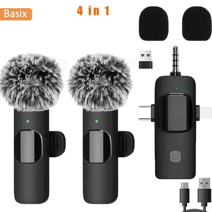 Basix Microphone cravate sans fil professionnel 4 en 1 pour iPhone Android 3,5 mm pour enregistrement en direct, suppression du bruit, mini microphone