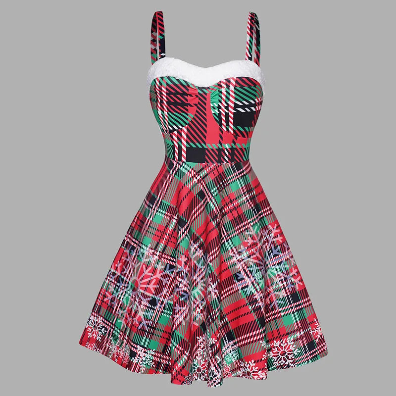 Women's Plaid Christmas Party Dress, Snowflake Print, Fiber Dress, Sweetheart Neck, Christmas Dresses, New, Educational, 2024