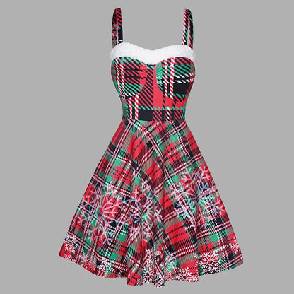 Women's Plaid Christmas Party Dress, Snowflake Print, Fiber Dress, Sweetheart Neck, Christmas Dresses, New, Educational, 2024