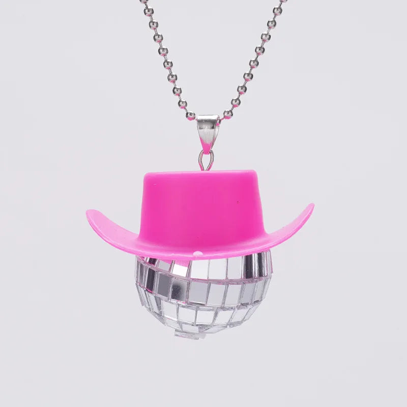 1Pcs Pink Cowgirl Cowboy Hat Disco Ball Neckalace 80s Silver Mirror Balls Pendant for Wedding Birthday Party Favors Decoration