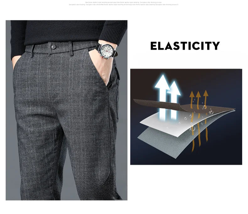 Autumn Winter New Fleece Thickened Casual Pants Men Business Straight Slim Plaid Pants Black Gray Men's Warm Trousers
