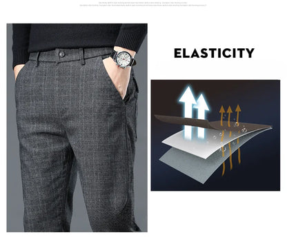 Autumn Winter New Fleece Thickened Casual Pants Men Business Straight Slim Plaid Pants Black Gray Men's Warm Trousers