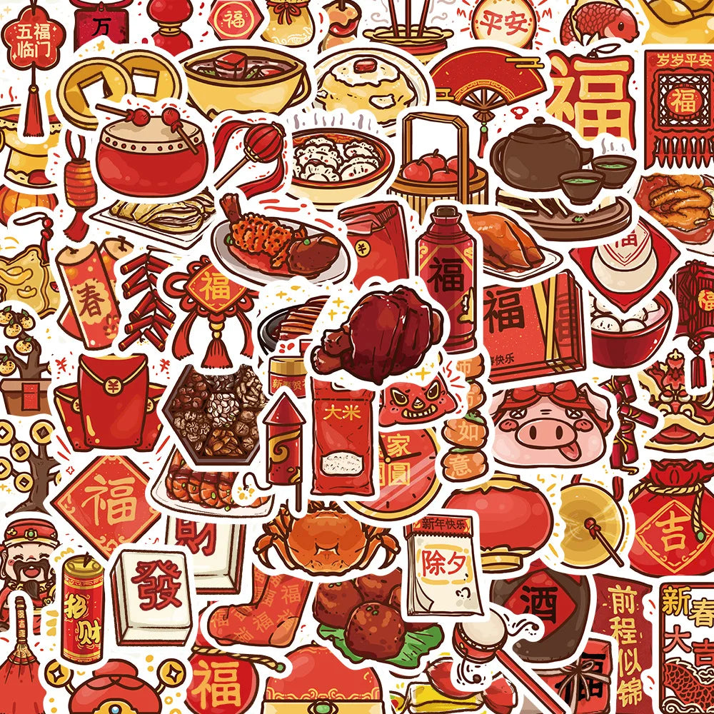 Autocollants de Style National de Dessin Animé, Nouvel An Chinois, pour Valise, Ordinateur Portable, Bagages, Téléphone, Voiture, DIY, 10/30/80 Pièces