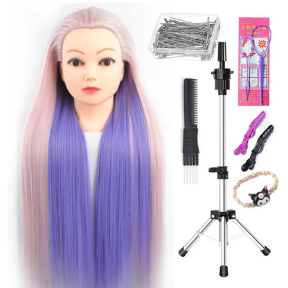 Tête de mannequin à cheveux longs synthétiques avec support de trépied de perruque réglable Modèle avec tête de mannequin Formation de coiffeur coiffant