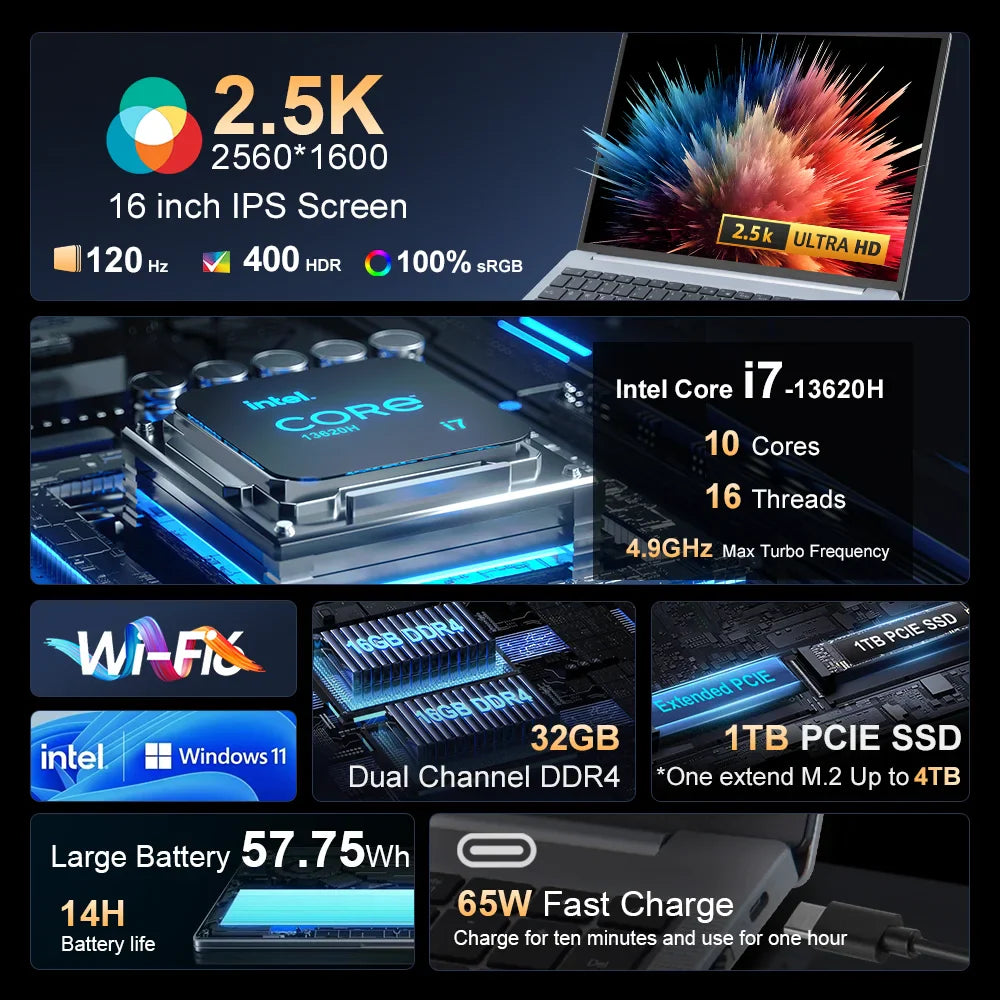 Laptops 16" 2.5K 165Hz Intel Core i9-12900HK WiFi 6 32GB RAM  1TB SSD Laptop Windows 11 Notebook Office Computer
