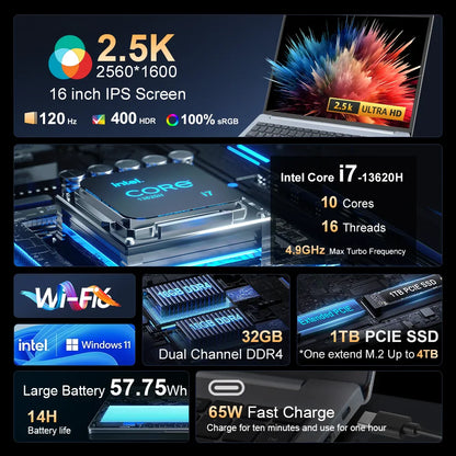 Laptops 16" 2.5K 165Hz Intel Core i9-12900HK WiFi 6 32GB RAM  1TB SSD Laptop Windows 11 Notebook Office Computer
