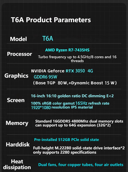 FIREBAT T6A 16 Inch AMD Ryzen7 7435HS Geforce RTX 3050 DDR5 165Hz Wifi6 BT5.1 16GB 512GB Gaming Gamer Notebook Laptop