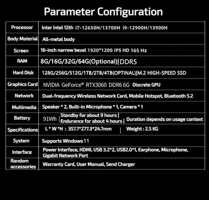 Gaming Laptop 16 inch Intel Core i9-12900H NVIDIA RTX 4060 8G 64GB RMD 4TB SSD DDR5 Windows 11 HD Camera WiFi6 Portable Computer