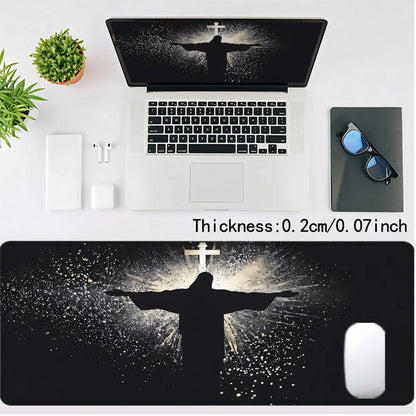 Jesus & Cross Mouse Pad Large Desk Accessories Desk Pad Rubber Base with Stitched Edge Mousepad Non-Slip Mousepad for Office