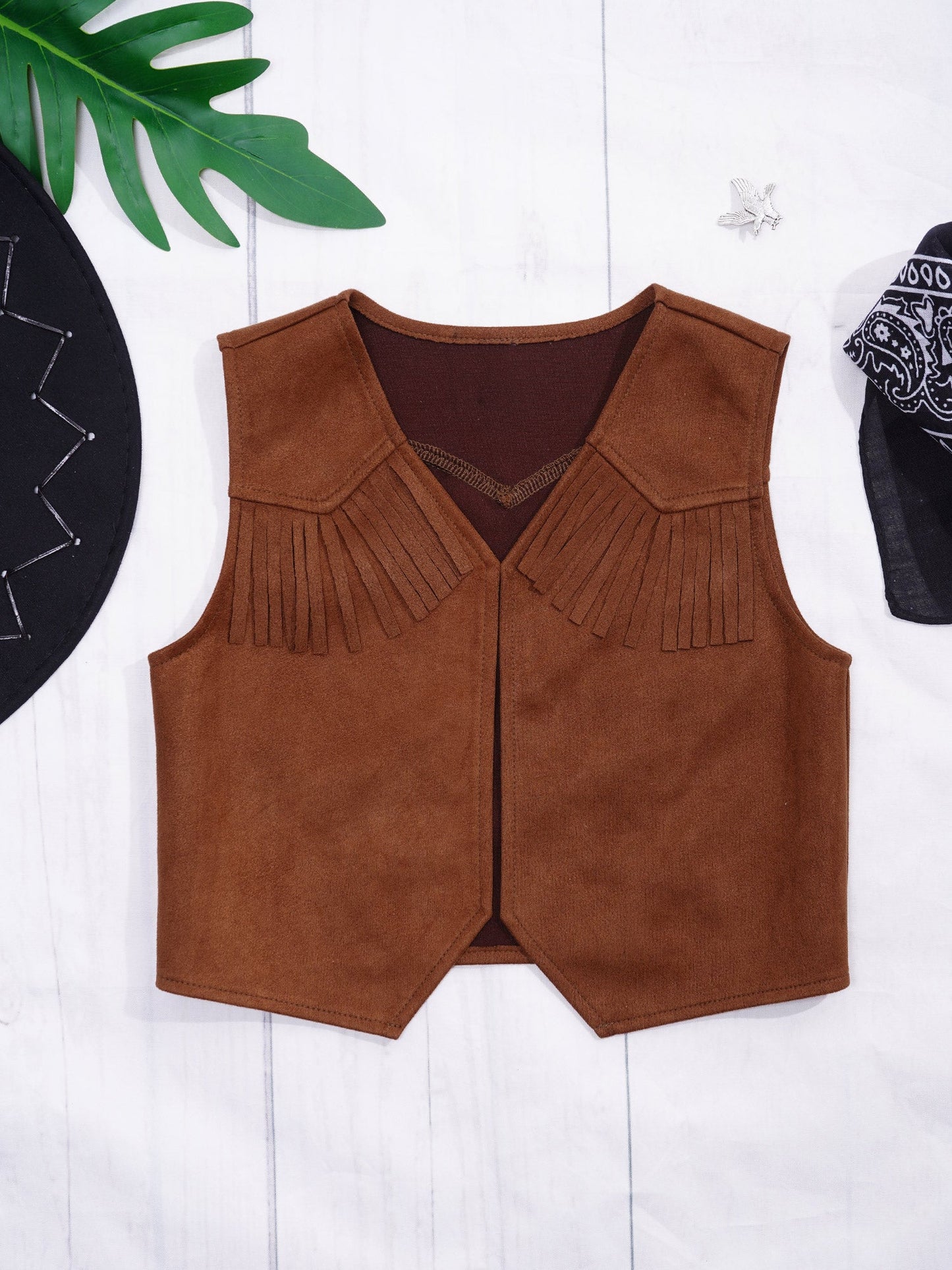 Kids Western Cowboy Costume Suede Leather Fringe Vest with Bandanna Felt Hat Halloween Wild West Cowgirl Cosplay Party Dress Up