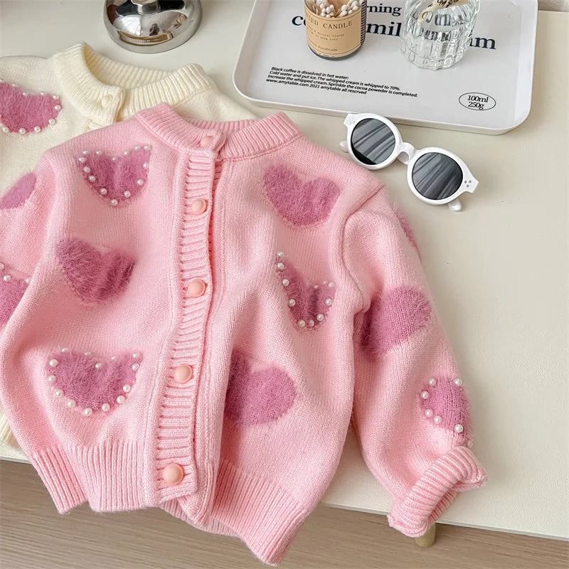 Children's Pink Heart Pearl Color Matching Knitted Cute Casual Sweater Cardigan Girl Spring and Autumn Jacket