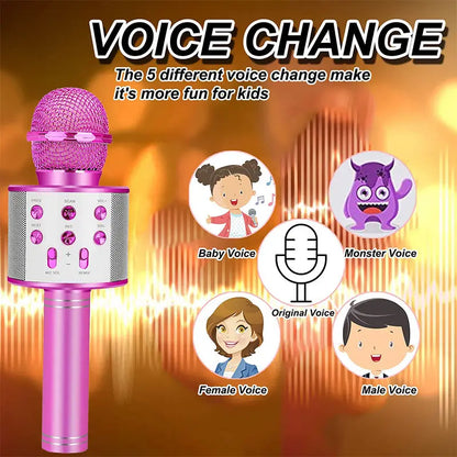Wireless Bluetooth Karaoke Microphone, 5-in-1  Mic with Built-in Stereo Speaker/4 Voice-Changing Effect, Great Gifts