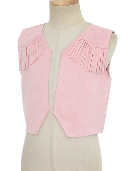 Costume de Cowgirl occidental en daim pour enfants, gilet à franges avec pompons, vêtements de danse, jeu de rôle de fête, gilets de Cowboy