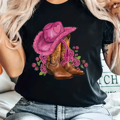 T-shirt imprimé dessin animé cowgirl floral mignon pour femme, haut décontracté à col rond, 100% polyester, printemps à l'automne, polyvalent, entretien facile
