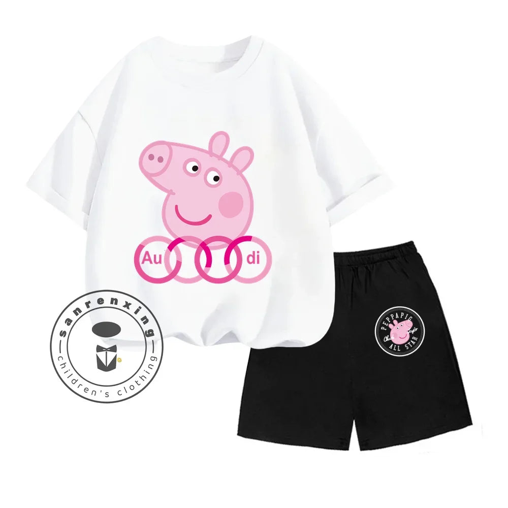 Peppa Pig-themed Animated Cartoon Print Design O-neck Sweet Short Sleeves and Simple Shorts for Boys and Girls Summer Suit