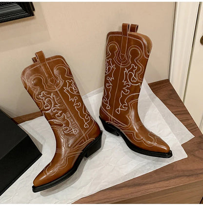 Ods Cowboy Western Boots For Women Real Leather Embroidered Pointed Toe Mid-calf Western Boot Retro Fashion Casual High Quality