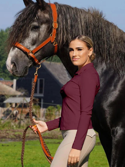 MXLLINA Tee-shirts d'équitation bordeaux femme hauts équestres doux à manches longues pour femme cavalière chemise de base vêtement