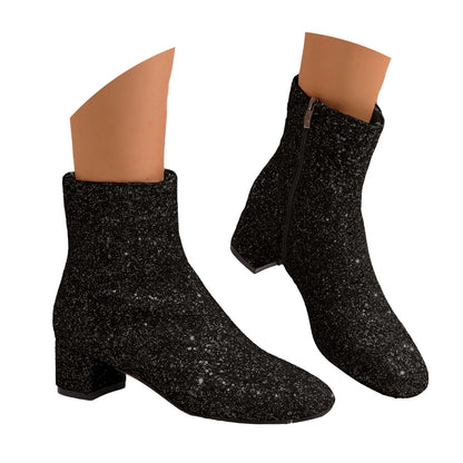 Luxury Sequined Women Ankle Boots Solid Color Chunky Block Heels Short Boot Side Zipper Autumn Winter Party Shoes Large Size