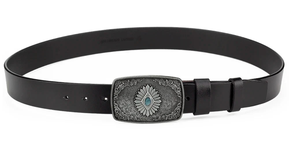 Ceinture classique en cuir véritable avec boucle émail saphir et motif floral sculpté en argent pour femmes et hommes, cadeau