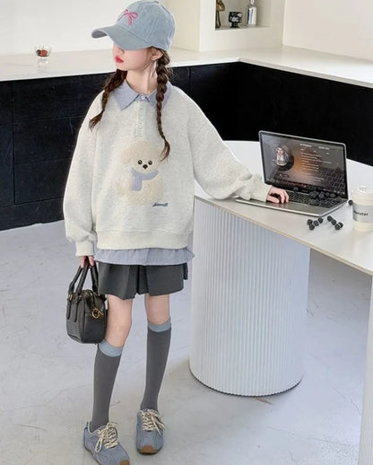 Sweat-shirt à capuche pour filles, Polo deux pièces en Faux, moyen-grand, coupe ample, haut de chiot de dessin animé, nouvelle collection printemps/automne 2025