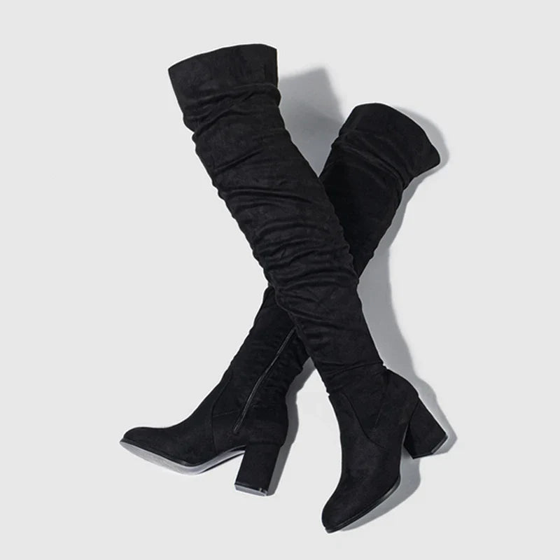 Bottes Noires Marron Cuissardes Liyke 2025 Automne Hiver Femme Sexy Bout Pointu Fermeture Éclair Chaussures Hautes Talon Carré Bottines Femme