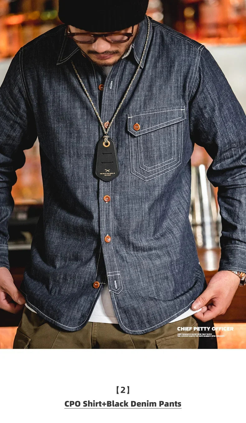 Maden Men Vintage Long Sleeve Western Cowboy Denim Shirt Outerwear Tough Guy Shirt Men's Cotton Casual Shirt XXL XXXL