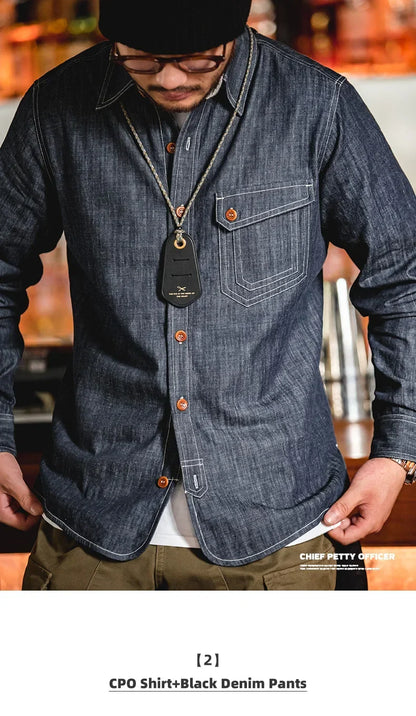 Maden Men Vintage Long Sleeve Western Cowboy Denim Shirt Outerwear Tough Guy Shirt Men's Cotton Casual Shirt XXL XXXL