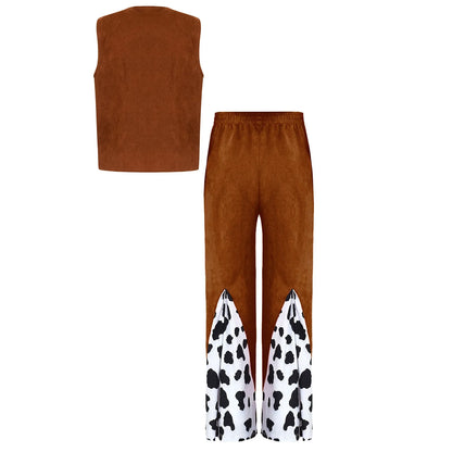Enfants enfant Halloween Western Cowboy Cowgirl Cosplay Costume imprimé vache gilet à pampilles et ensemble de pantalon évasé Carnaval fête habiller