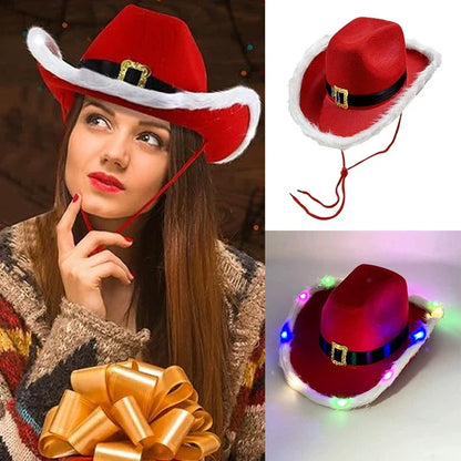 Chapeau de cowboy lumineux de Noël pour fête du Père Noël, chapeaux en feutre rouge occidental, chapeau de cowgirl à large bord, chapeau de jazz pour femmes et hommes